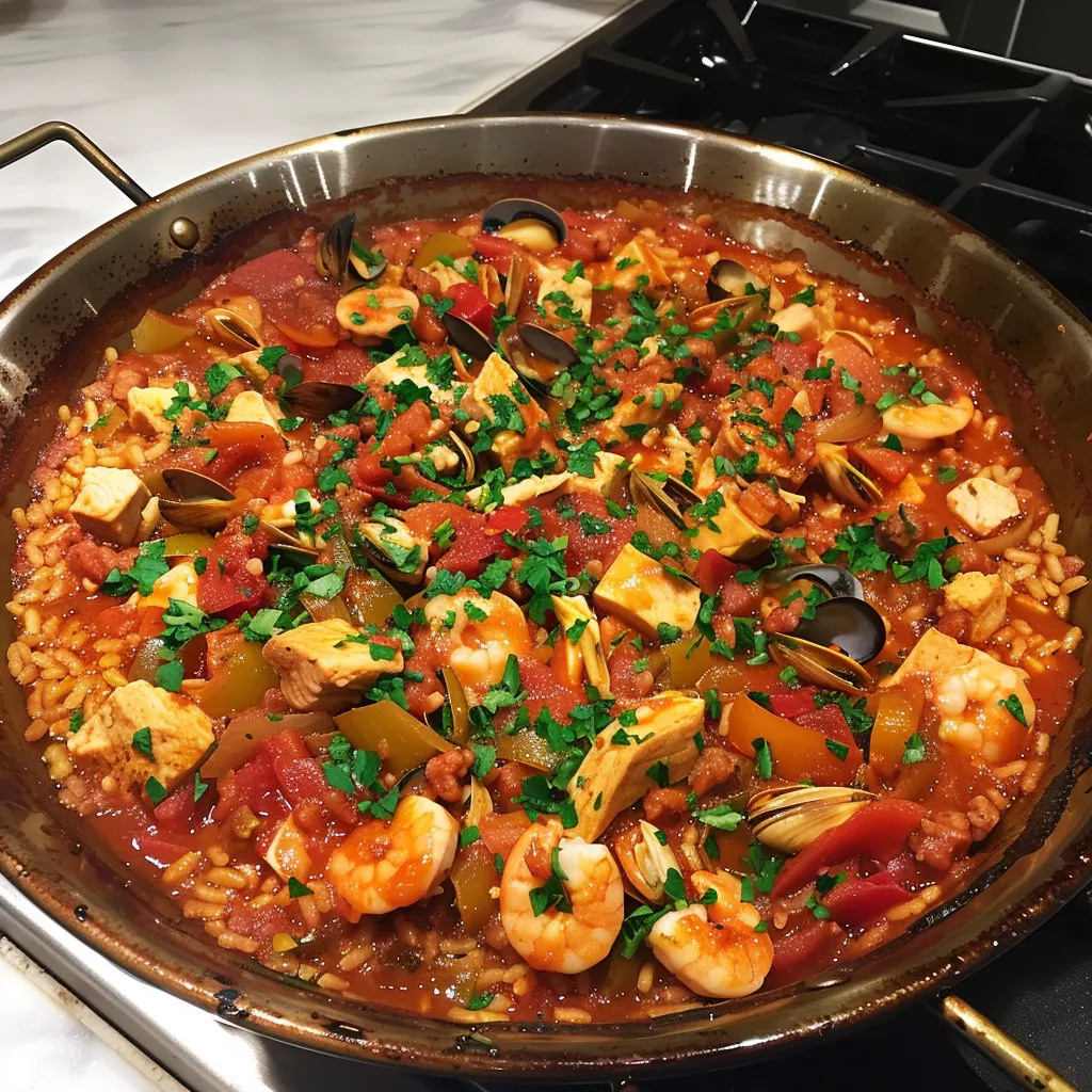 Paëlla maison délicieuse avec fruits de mer