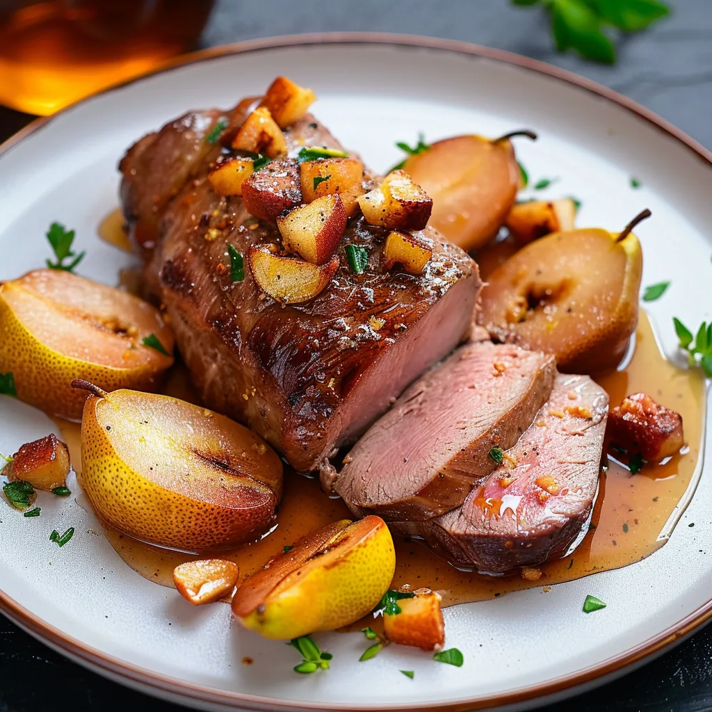 Filet mignon garni de poires fondantes