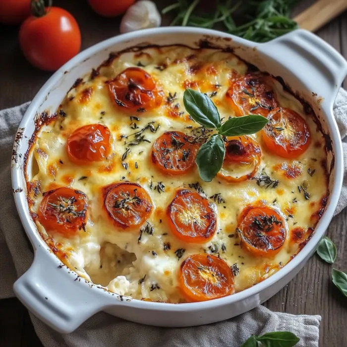 Une casserole de tomates et de fromage, servie dans un bol en verre.