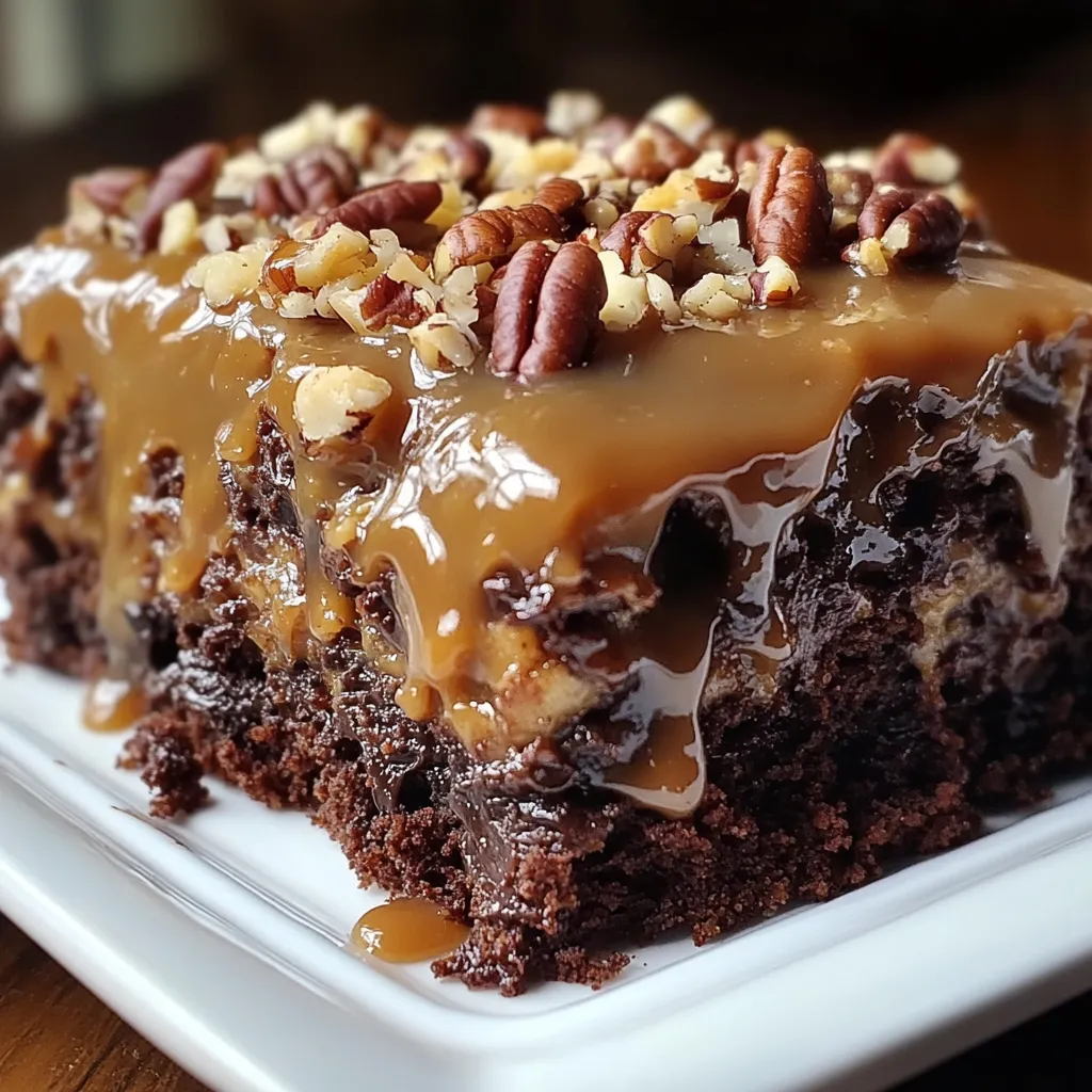 Une tranche de gâteau au chocolat allemand fourré au caramel.