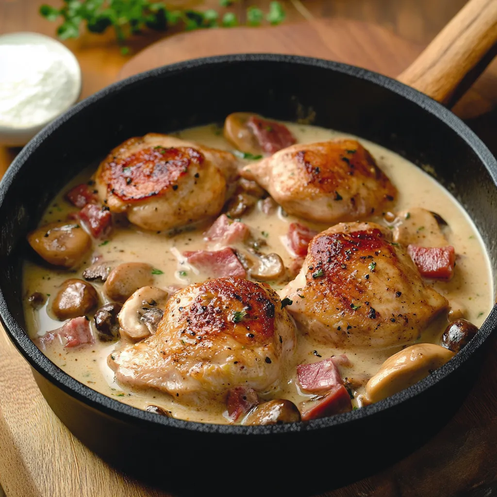 Une poêle contenant des chicken et des champignons.