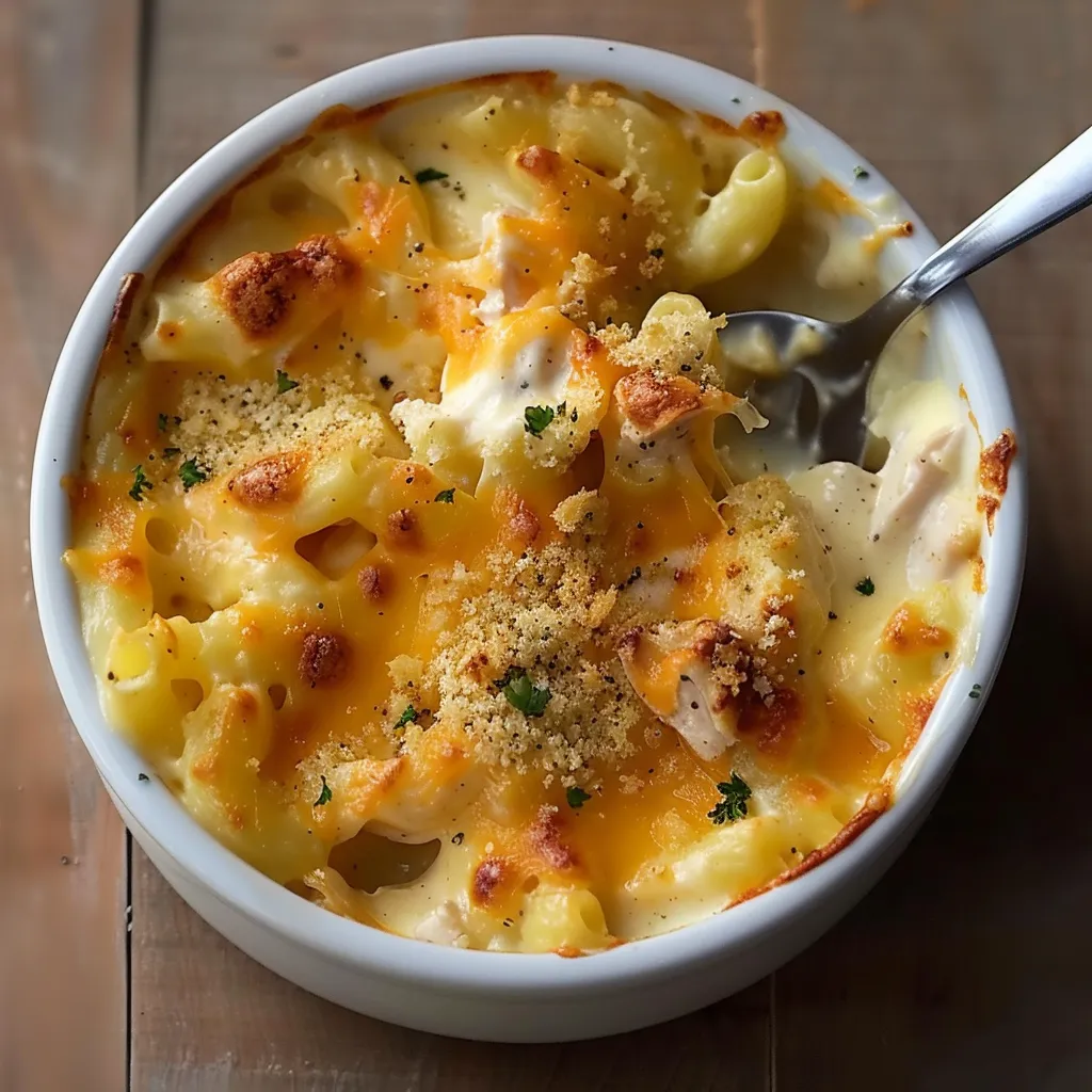 Mac & Cheese au poulet gratiné et savoureux