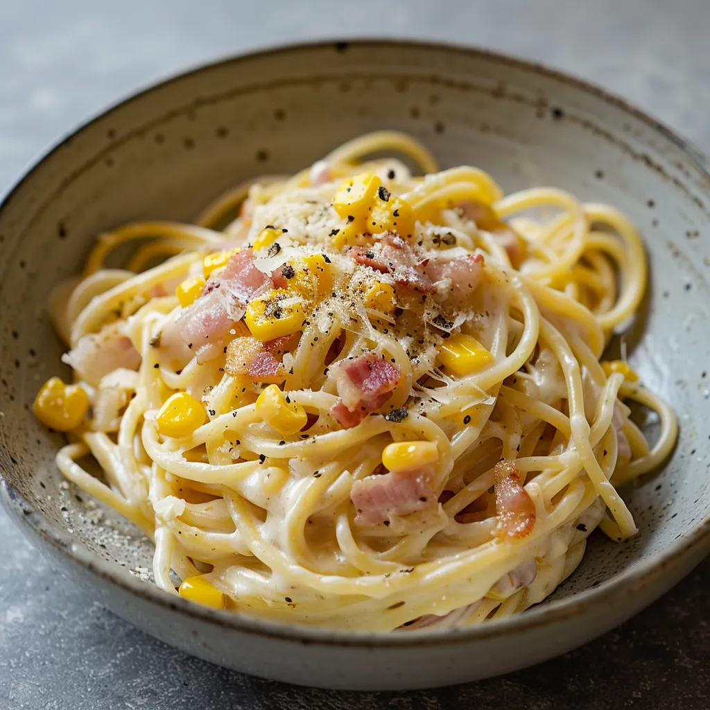 Spaghettonis crémeux au maïs et bacon croustillant