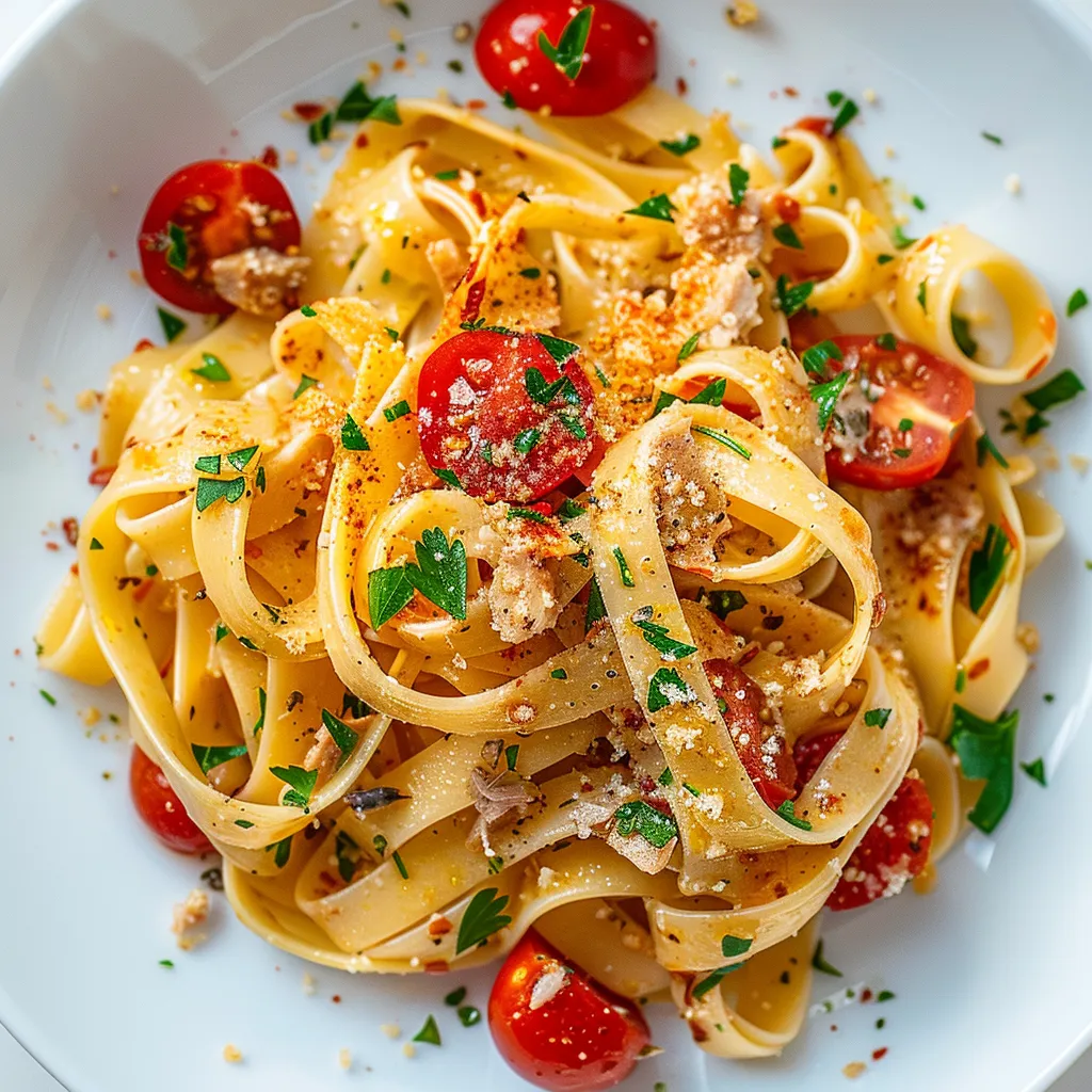 Fettuccines thon, tomates, anchois