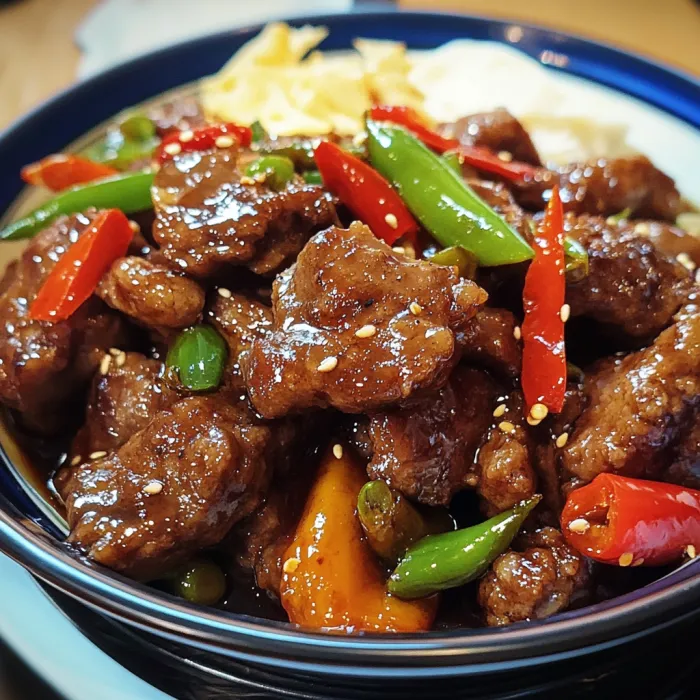 Une assiette de nourriture chinoise contenant des légumes verts, des poivrons et du porc.