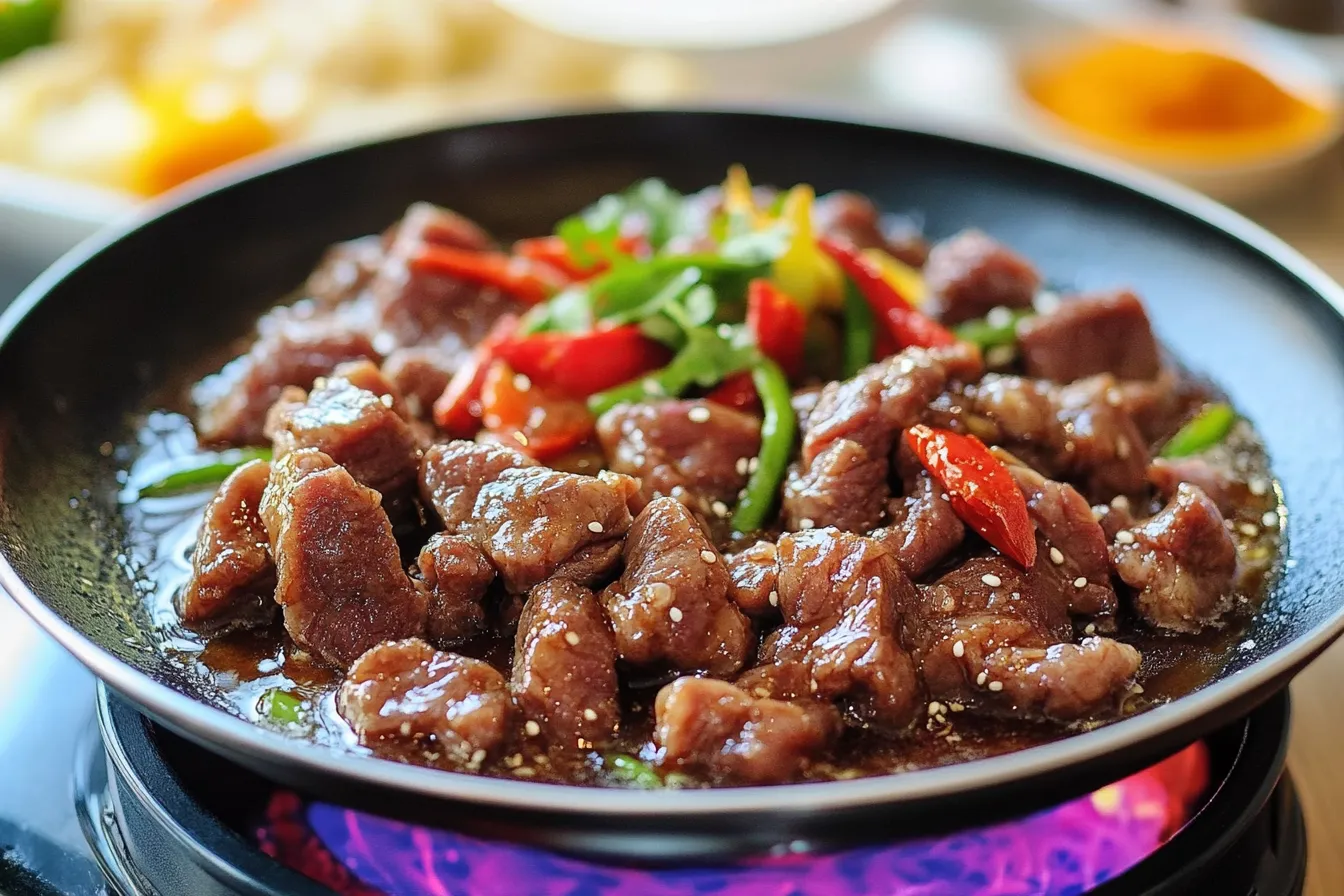 Une assiette de viande chaude avec des légumes verts et des épices.