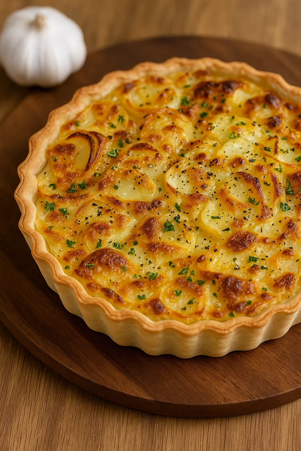 Une tarte au gratin est servie sur une table.
