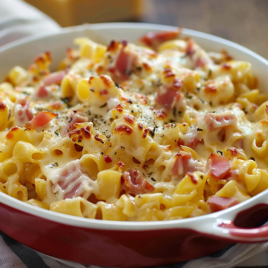 Plat gratiné aux pâtes et jambon