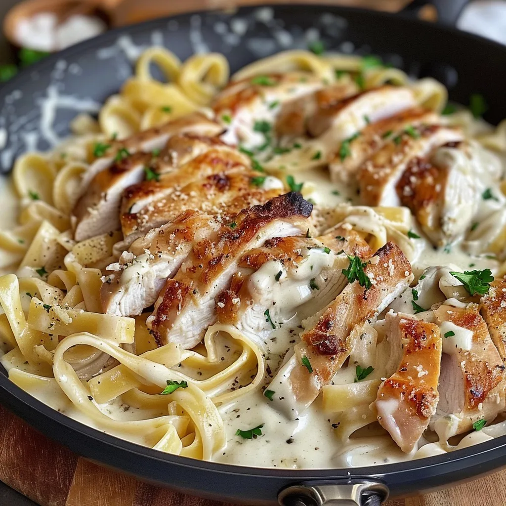 Un plat de penne crémeuses au poulet et au persil sur une assiette.