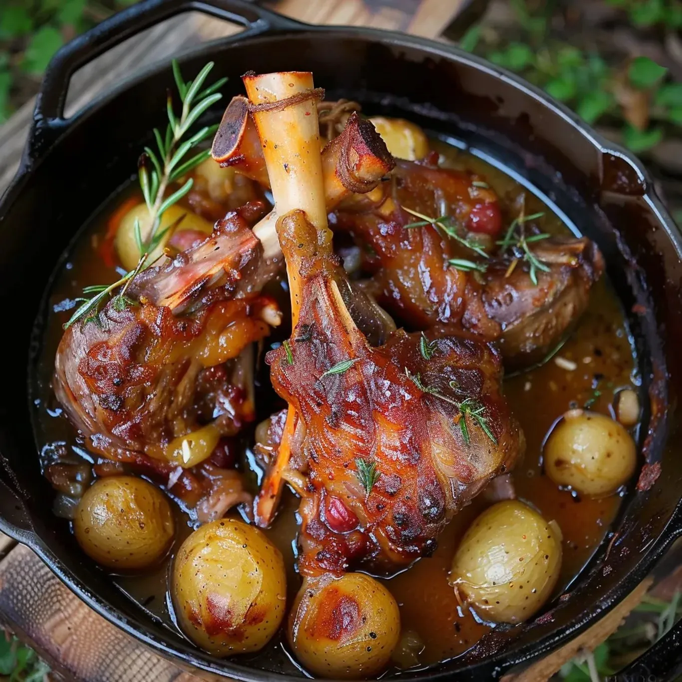 Une casserole de viande et légumes, avec des carottes et des pommes de terre, est servie sur une table.