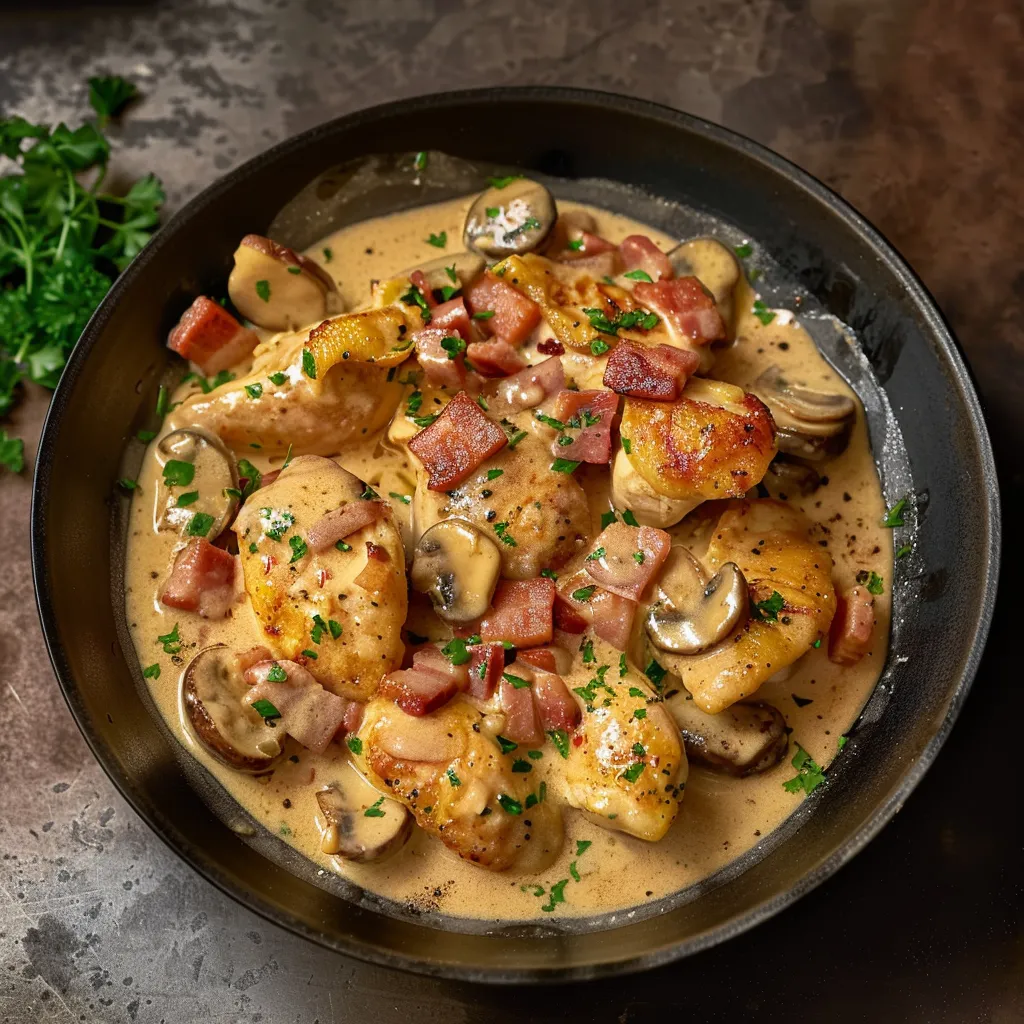 Délicieux morceaux de poulet dans une sauce crémeuse à la moutarde, garnis de lardons et champignons, saupoudrés de persil.