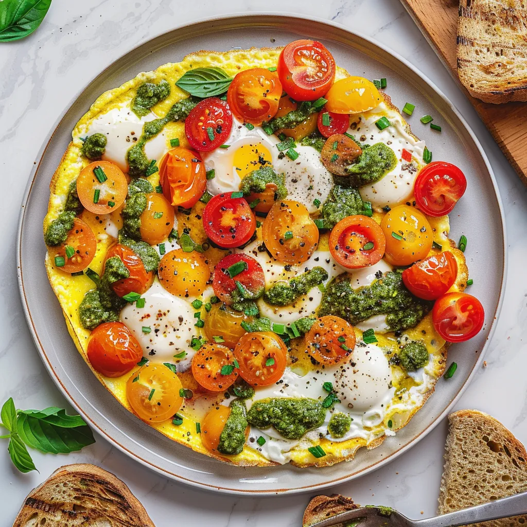 Tomates mozzarella pesto sur omelette