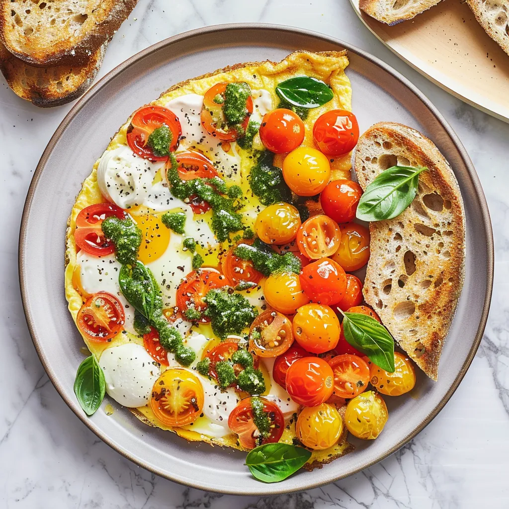 Délicieuse omelette aux tomates, mozzarella et pesto frais