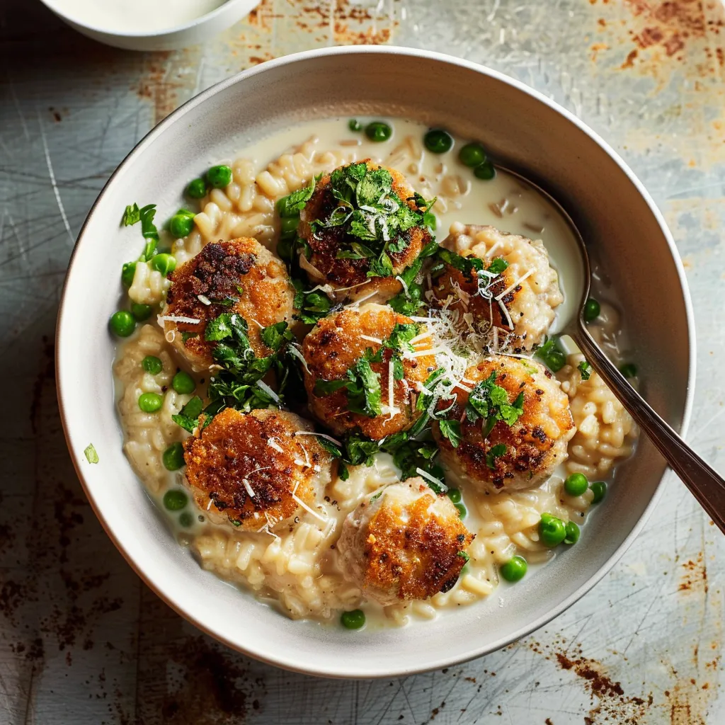 Boulettes et risotto avec pois