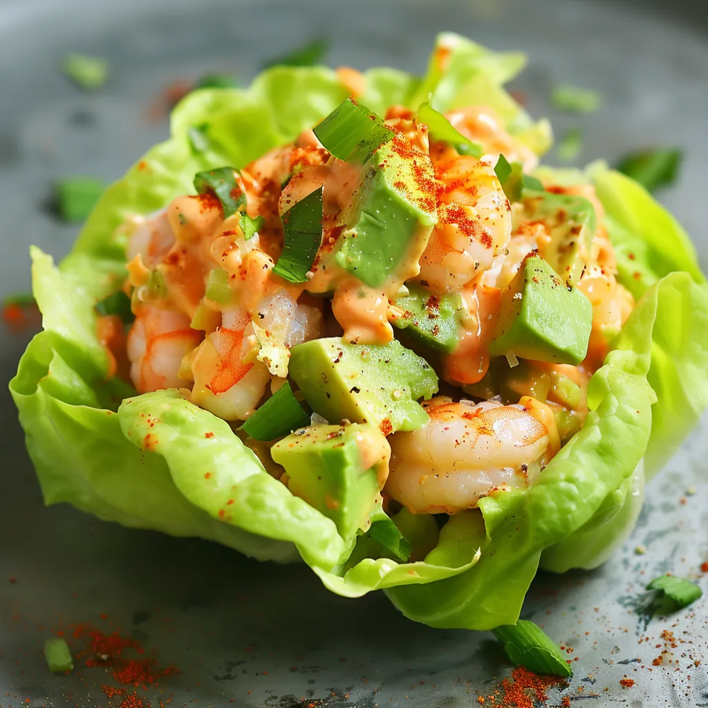 Feuilles de laitue aux crevettes et avocat