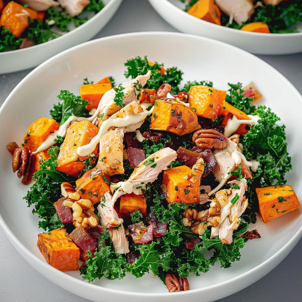 Délicieuse salade tiède aux patates douces, kale et poulet