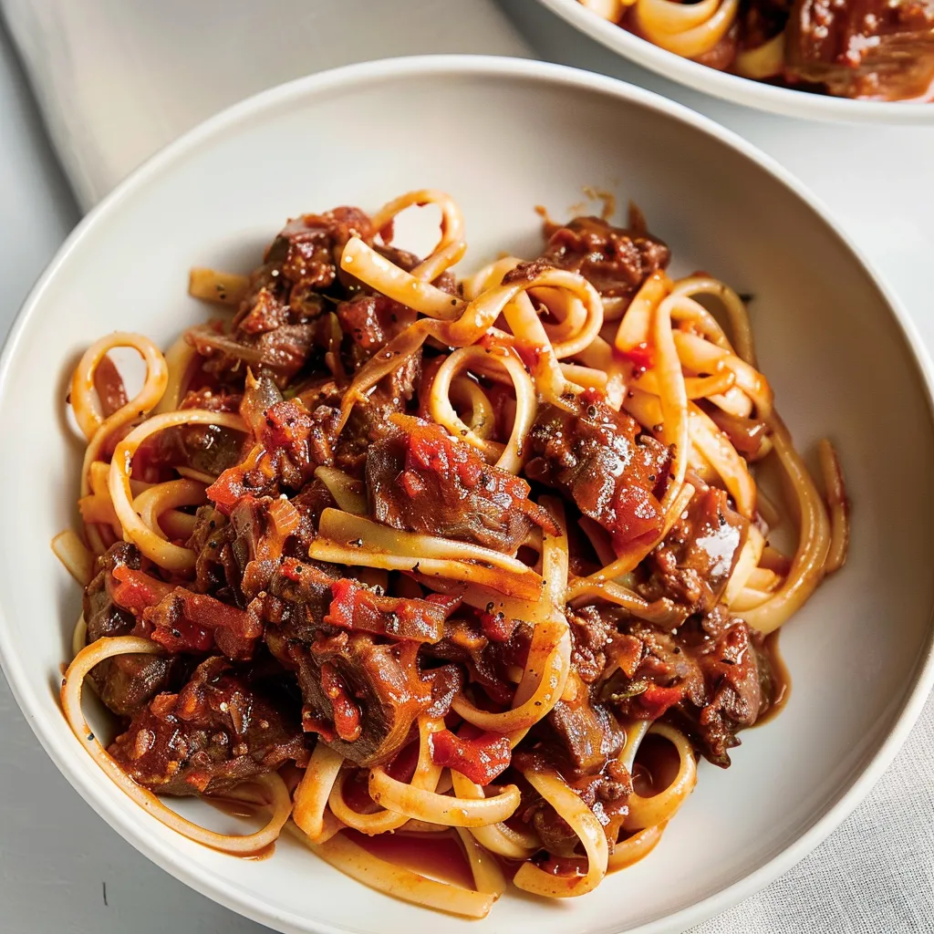 Linguines savoureuses au ragoût d'agneau et olives