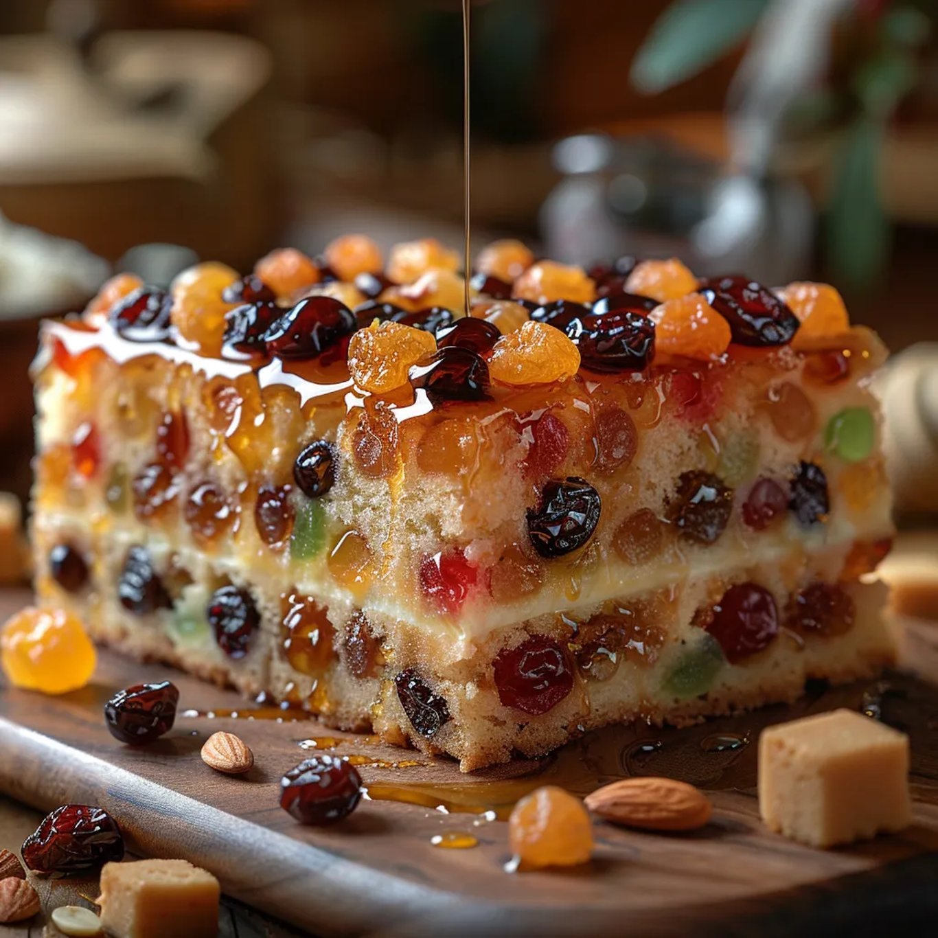 Un gâteau aux fruits confits inspiré par Pierre Hermé est présenté avec élégance.