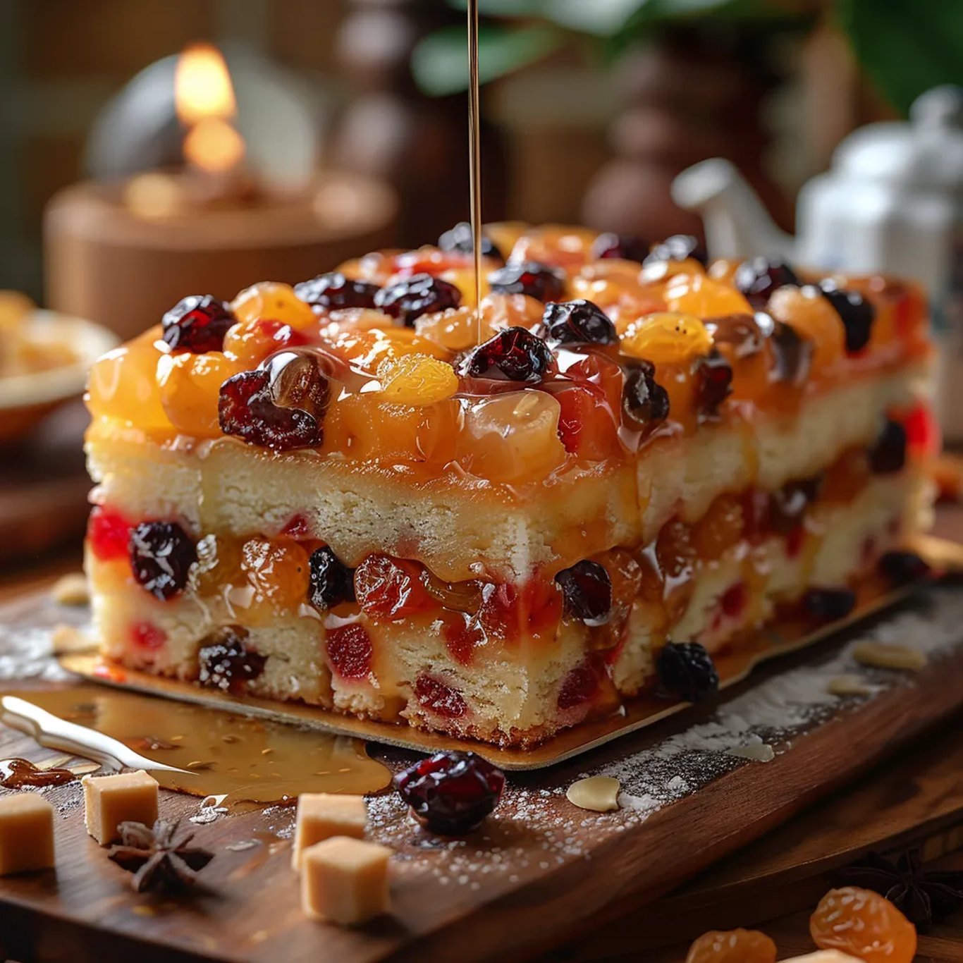 Une tarte aux fruits et au chocolat, garnie de sauce caramel, est servie sur un plateau.
