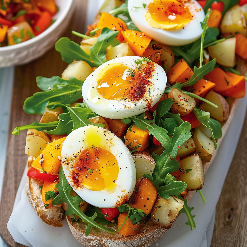 Une tartine colorée garnie de légumes rôtis, roquette et œufs mollets.
