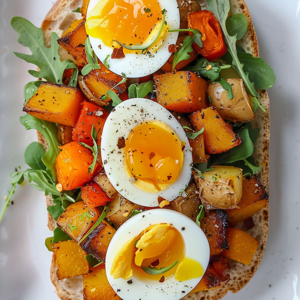 Un festival de saveurs avec courge, poivron, oignon et harissa, sur pain croustillant.