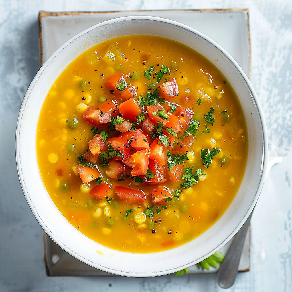 Une soupe crème rustique aux pois cassés et tomates fraîches, pleine de douceur et de caractère.