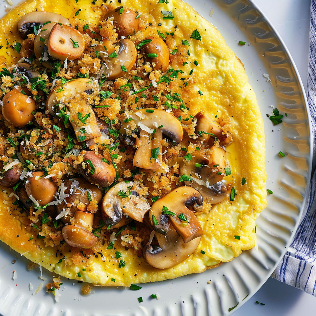 Plat garni d’une omelette aux champignons avec chapelure herbacée.