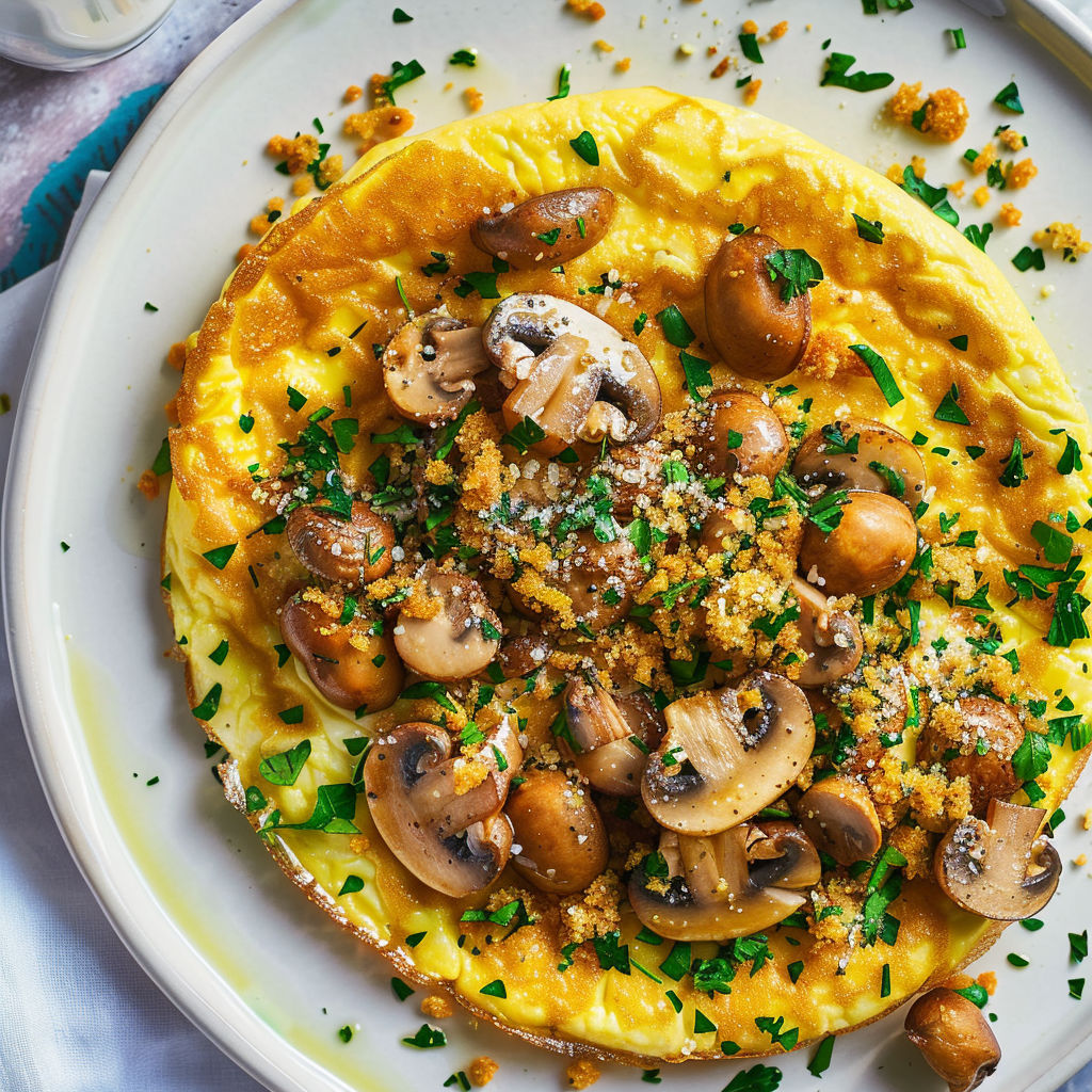 Une frittata aux champignons dorés garnie de croûtons aux herbes fraîches servie sur un plateau rustique.