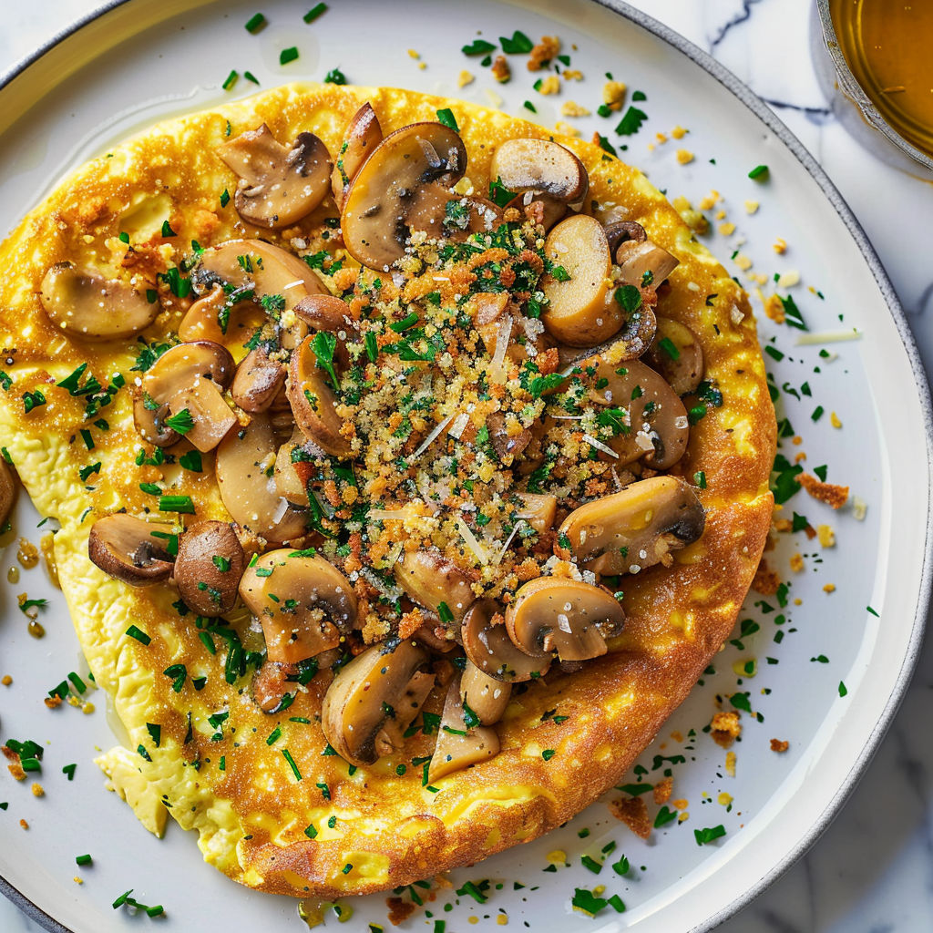 Une généreuse frittata aux champignons garnie de croûtons herbés dorés présentée sur un plateau de service.