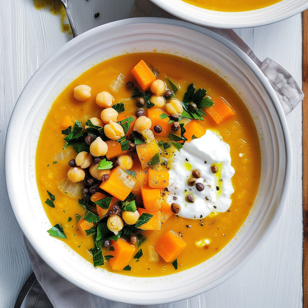 Bol fumant de soupe épicée avec légumes et pois chiches.