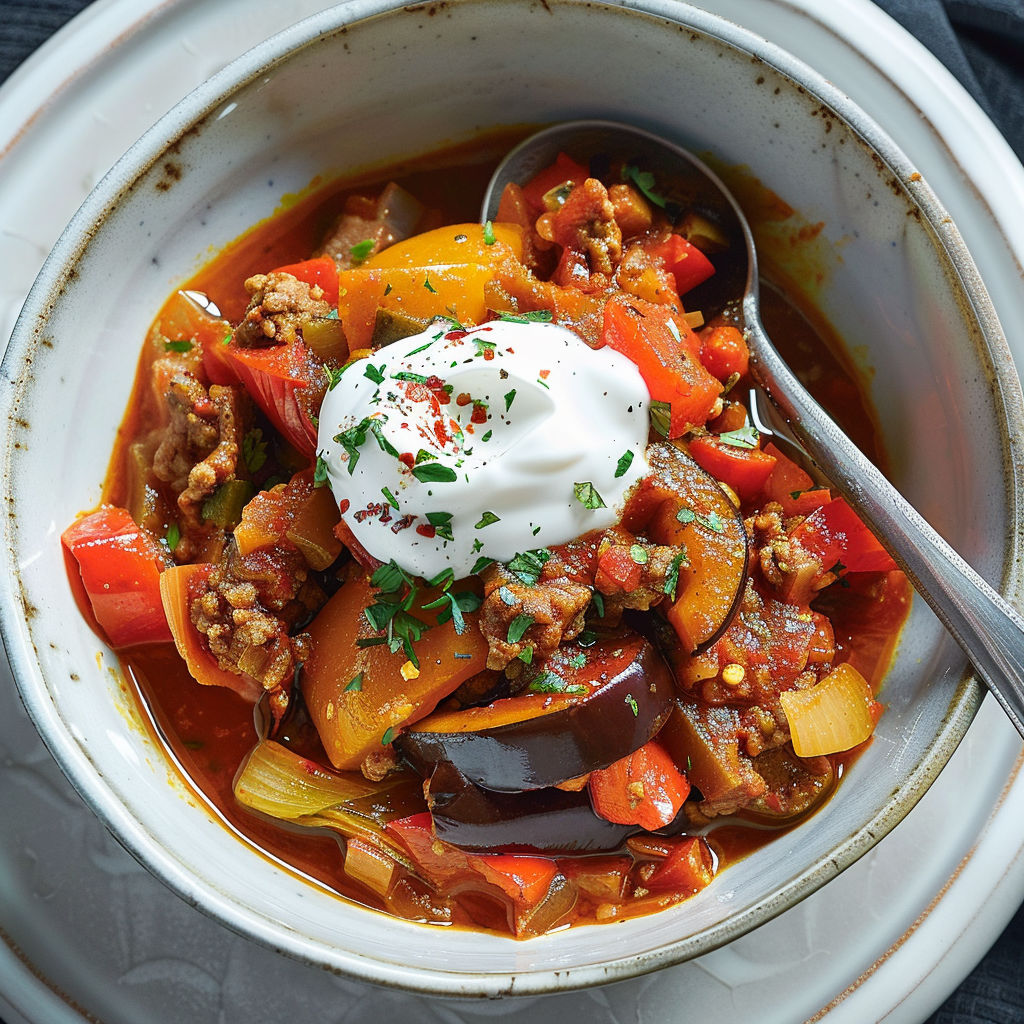 Mijoté d'aubergine avec viande hachée et poivrons multicolores.