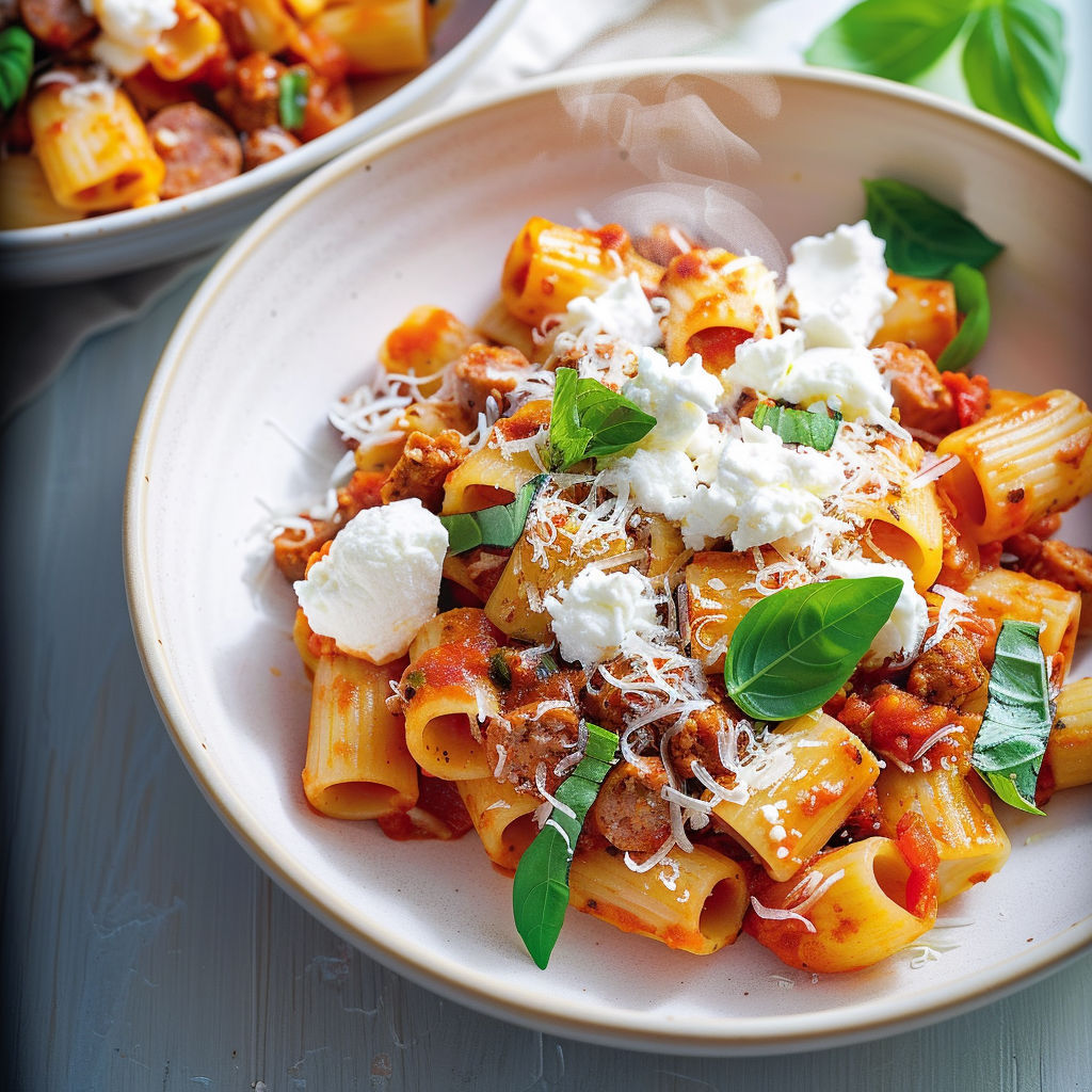 Un plat de pâtes avec ricotta et saucisse, garni de basilic et de légumes colorés.