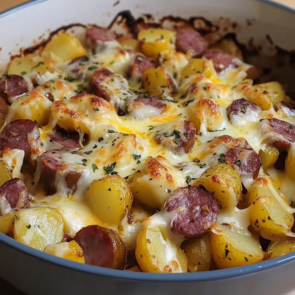 Pommes de Terre Croustillantes, Saucisse Fumée et Fromage Fondant