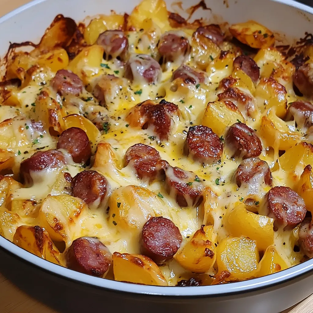Pommes de Terre Croustillantes, Saucisse Fumée et Fromage Fondant