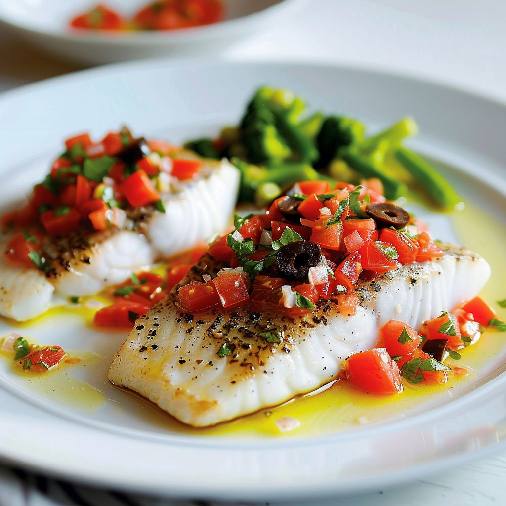 Filet de poisson accompagné d'une sauce vierge aux olives.