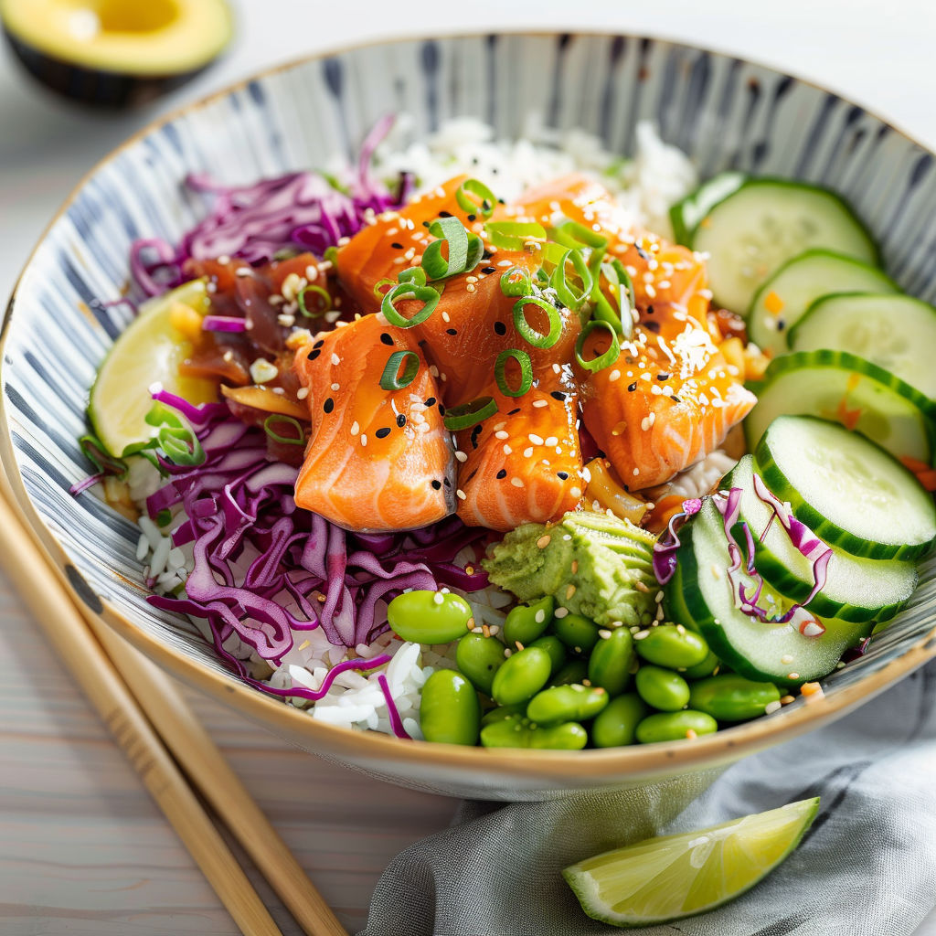 Un bol frais avec saumon grillé, légumes variés et edamames, une assiette saine et colorée.