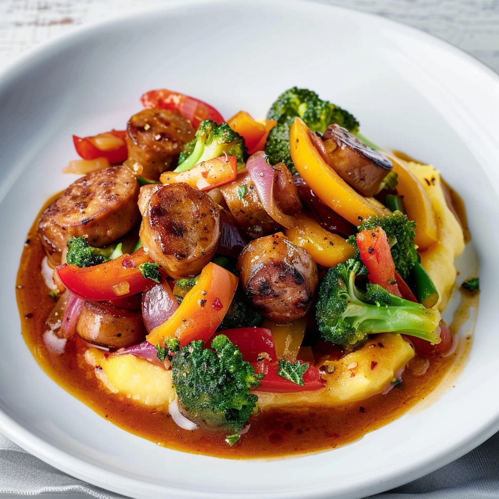 Une belle assiette de polenta moelleuse, de saucisses et de légumes servis sur une table chaleureuse.