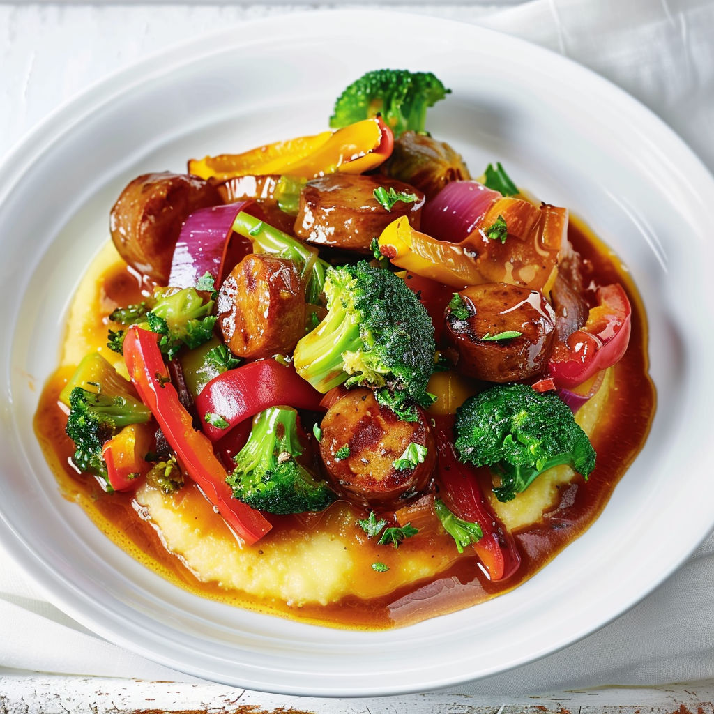 Une assiette de légumes et de viande cuits dans une sauce tomate.