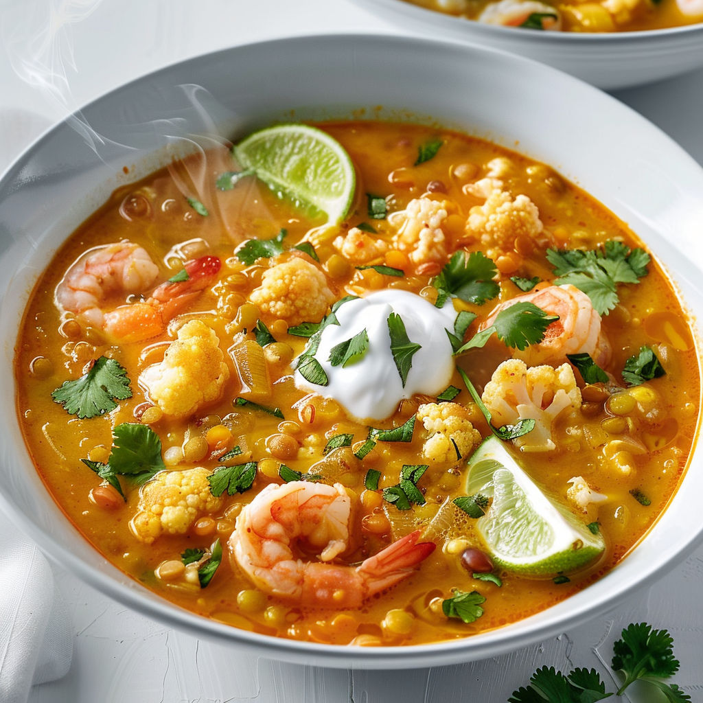 Un bol transparent rempli de soupe aux lentilles, chou-fleur et crevettes.
