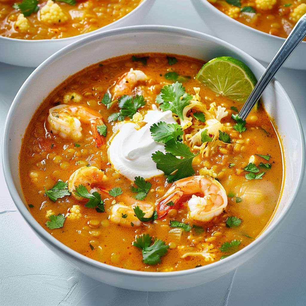 Soupe de langoustine et crevettes avec des herbes fraîches et du fromage blanc.