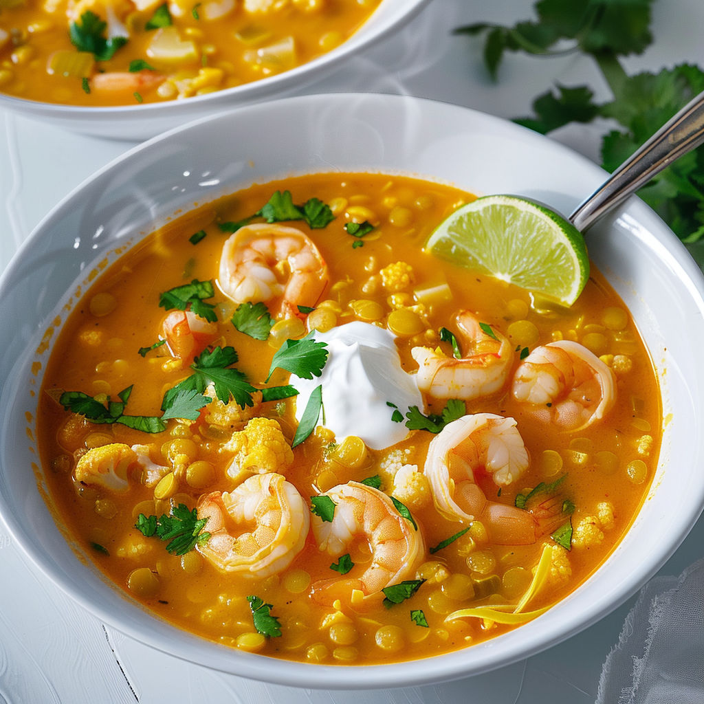 Une soupe chaude avec des crevettes et des légumes.