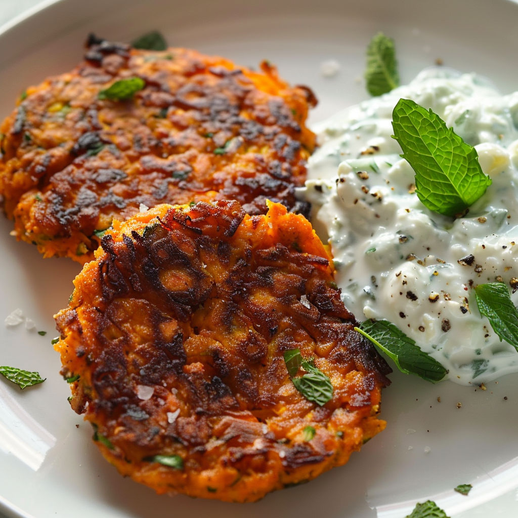 Galettes dorées à la patate douce et tofu avec une sauce fraîche et quelques herbes sur un plateau.