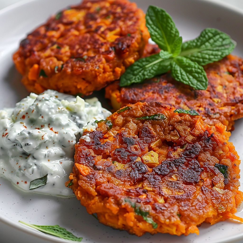 Une pâte de carottes et de légumes est servie sur un plateau avec une sauce blanche.