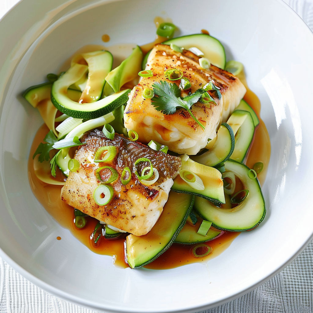 Une assiette de poisson doré, courgettes en rubans et sauce soja-citron.