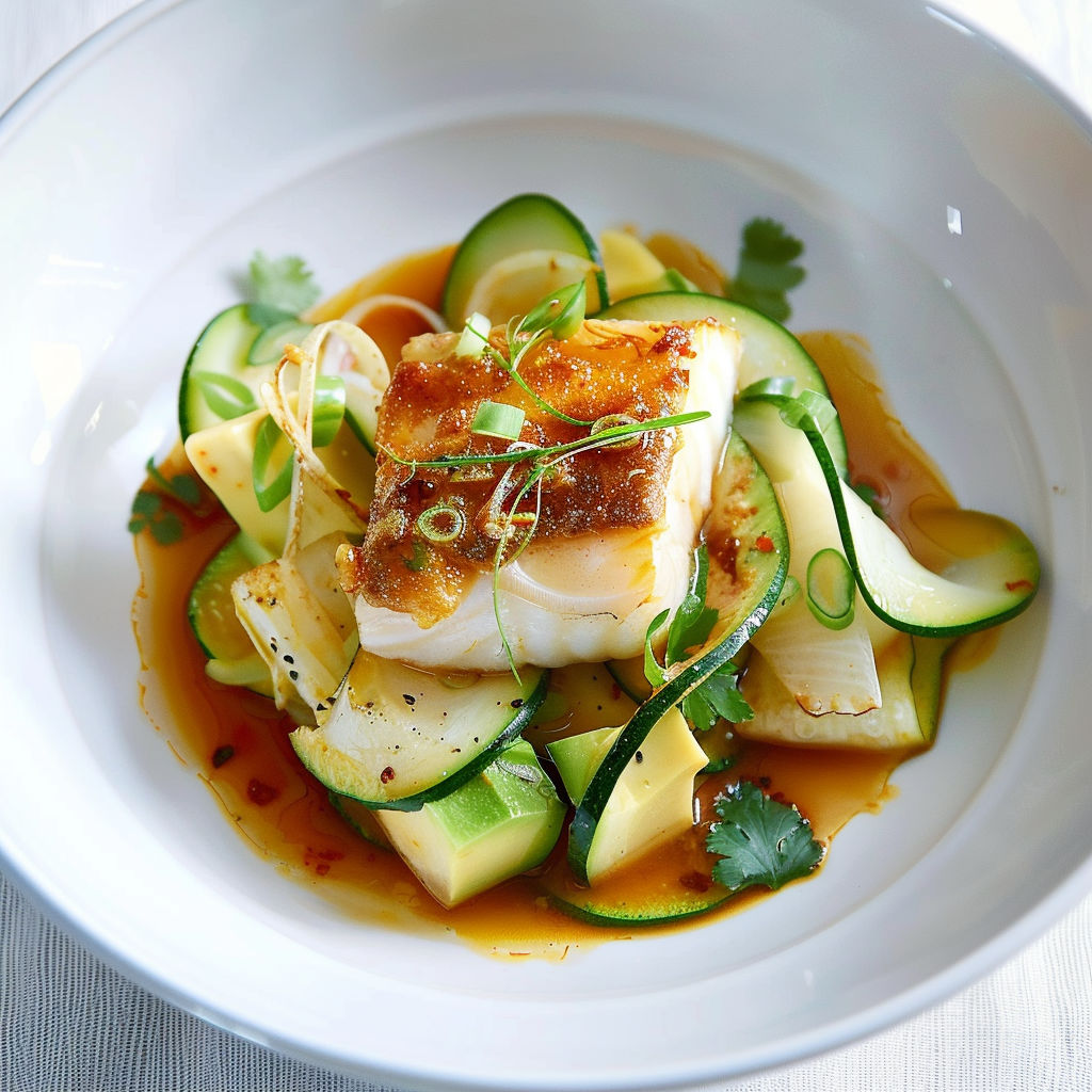 Un plat de pavés de morue en sauce sambal, avocat frais et coriandre.