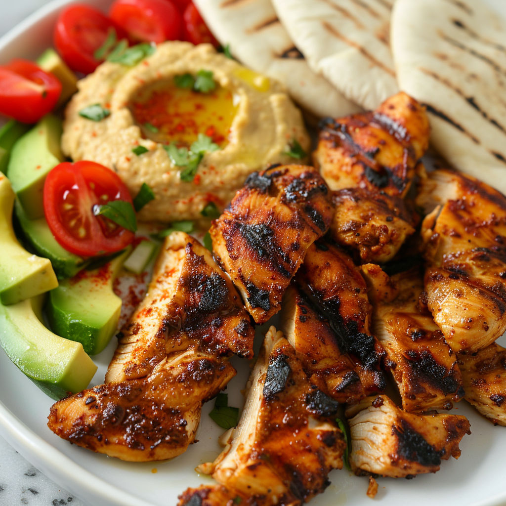 Poulet grillé servi avec pain pita, crudités et guacamole, accompagné de sauce.