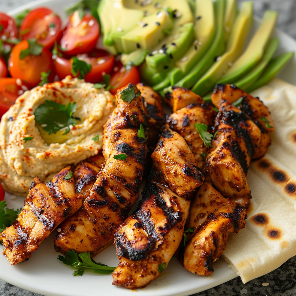 Un plat de poulet grillé avec des légumes et des oignons caramélisés, accompagné d'une sauce épicée.