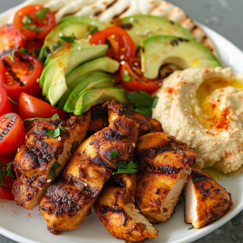 Un plat de poulet mariné au citron et épices, accompagné de houmous.