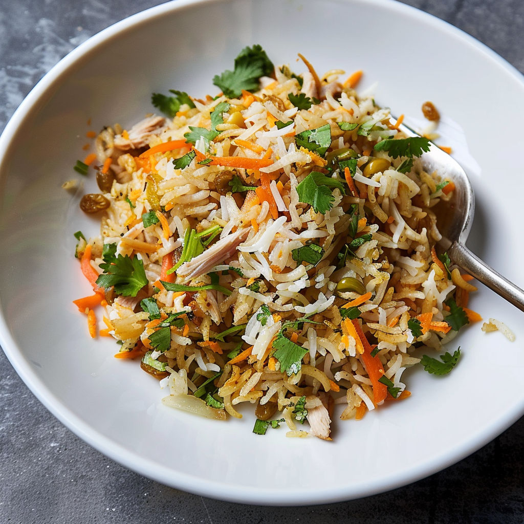 Un plat délicieux de pilaf à la dinde avec des épices et des légumes sur une table rustique.