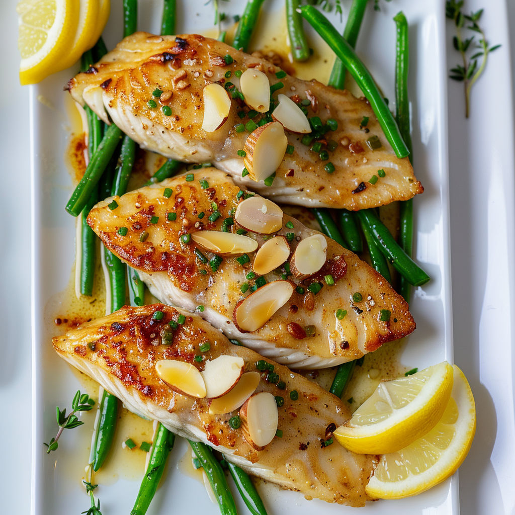 Sole avec amandes grillées, légumes verts et citron confit.